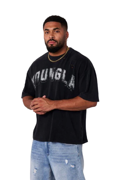 YOUNGLA Vintage Wash Graphic Oversized T-Shirt – Black